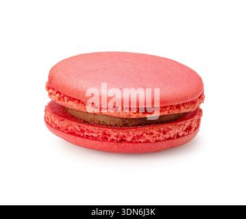 Single pink macaron with chocolate cream filling isolated on white background, macro shot Stock Photo