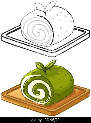 Green tea swiss roll cake vector illustration with black and white line art coloring page Stock Vector