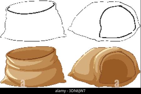 Four empty burlap sacks presented in both black line art and brown colored vector styles Stock Vector