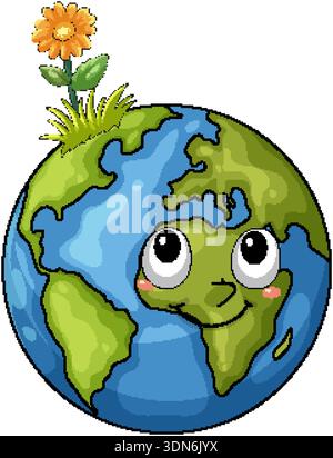 Smiling cartoon Earth globe with big eyes and orange flower, bright flat vector illustration Stock Vector