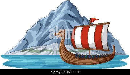 A wooden dragon boat sails on blue water against a large grey mountain backdrop Stock Vector