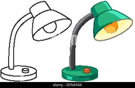 Adjustable green desk lamp shown in full color and black and white line art style Stock Vector