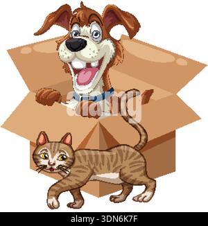 Happy brown cartoon dog sits inside open cardboard box while striped cat walks past below Stock Vector