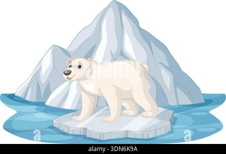 A friendly cartoon polar bear stands on a small ice floe amidst blue arctic waters Stock Vector