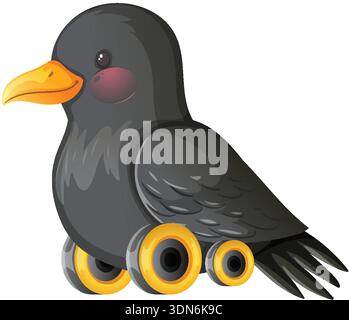 Cute black bird with orange beak and wheels, flat vector style, white background Stock Vector