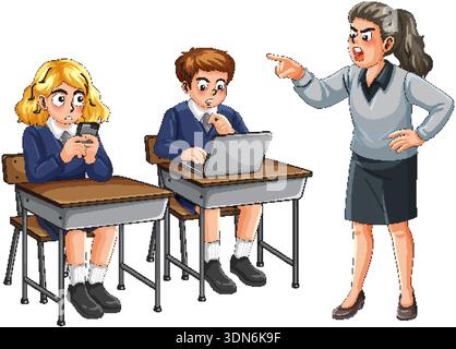 Angry female teacher scolds distracted schoolchildren using smartphone and laptop during classroom lesson Stock Vector