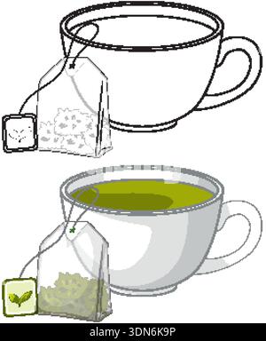 Minimalist vector illustration of a green tea cup and tea bag in outline and color Stock Vector