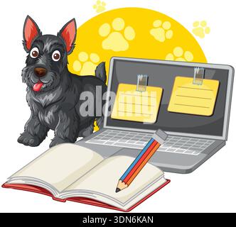 Vector illustration of a black dog beside a laptop with sticky notes and notebook Stock Vector