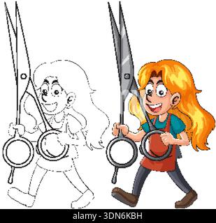 Vector cartoon hairdresser with long hair holding oversized scissors, colored and outline versions included Stock Vector