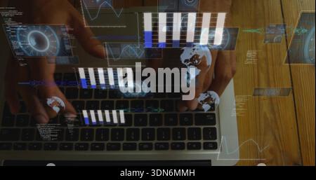 Typing adult hands pressing laptop keys on wooden desk, with floating AR charts and code Stock Photo