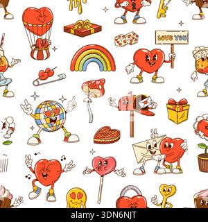 Groovy Valentine love characters seamless pattern. Cartoon retro hearts personages vector background with funny y2k Valentine Day love holiday gifts. Vintage groovy hearts, flowers and cakes pattern Stock Vector