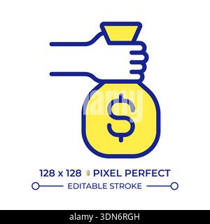 Hand holding money bag pixel perfect line color icon Stock Vector