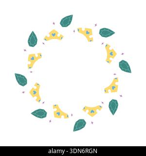 Cute circular frame with crown leaf and gem elements in flat hand drawn style Stock Vector