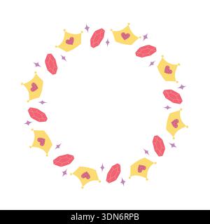 Cute circular frame with crown heart and crystal elements in flat hand drawn style Stock Vector