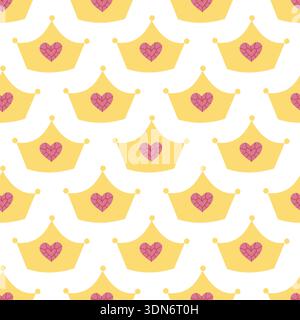 Cute seamless pattern with golden crown and heart in flat style Stock Vector