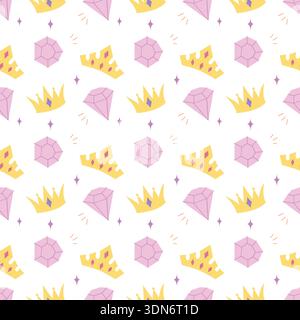 Cute seamless pattern with crown cheese and crystal elements in flat style Stock Vector