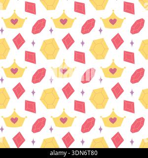 Cute seamless pattern with crown heart and crystal elements in flat style Stock Vector
