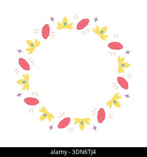Cute circular frame with crystal and crown leaf elements in flat style Stock Vector
