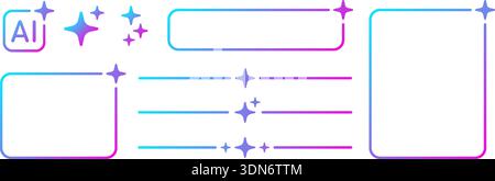AI gradient icon, frame, dividers set. Artificial intelligence neon border. Technology box with blue and pink gradient. Neural network design element Stock Vector