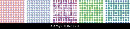 Vector halftone dot pattern set in pink, blue, purple, green, and teal gradient colors, seamless texture background Stock Vector