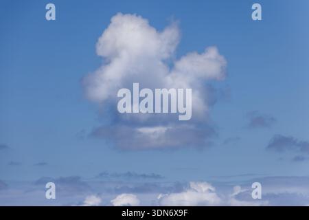 Single isolated cumulus cloud against clear blue sky, natural cloud formation photographed in daylight with large copy space, minimal sky background. Stock Photo