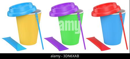 Set of takeaway coffee cups with plastic lids, stirrers, and sugar sachets isolated on white background. Concept of beverage service Stock Photo
