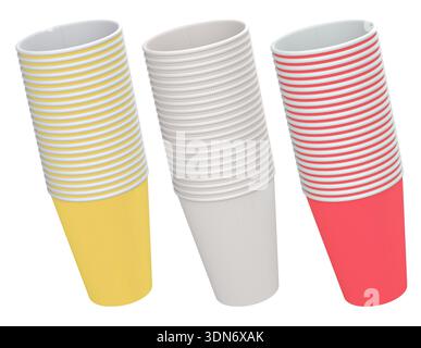Multiple stacks of ripple wall disposable cups, isolated on white background, concept of drinkware design. Stock Photo