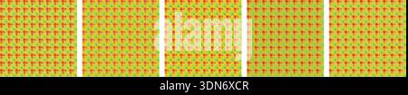 Abstract geometric pattern with small red and green squares on a yellow background, arranged in a grid with vertical white lines. Stock Vector