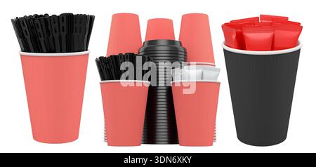 Set of takeaway coffee cups with plastic lids, stirrers, and sugar sachets isolated on white background. Concept of beverage service Stock Photo