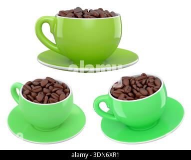 Set of ceramic coffee cups filled with roasted coffee beans, glossy ...