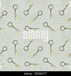 Vintage rusty old keys pattern, hand drawn sketch of key and text Lorem ipsum, on light geen background. Vector illustration Stock Vector