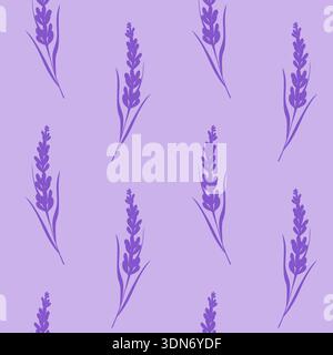 Violet pattern with purple silhouette of lavender flowers in Provencal style, on lilac background. Vector illustration Stock Vector