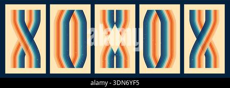 Pack with groovy posters, rainbow stripes in orange and blue color. Stock Vector