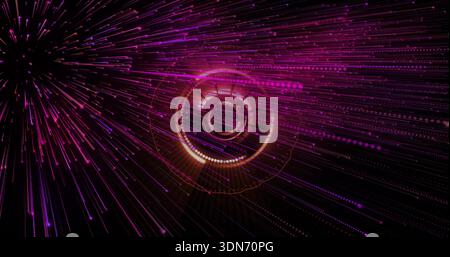 Pulsing central circular HUD glowing in dark void, emitting radial streaks, dotted arcs, nodes Stock Photo
