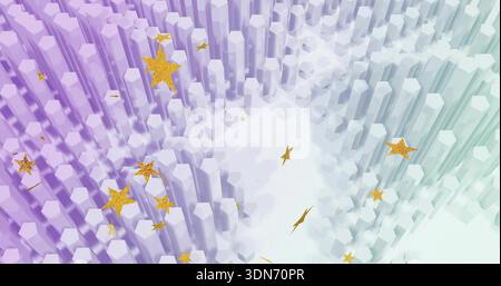 Forming dense hexagonal columns with central clearing in 3D scene, with gold stars and pastel light Stock Photo