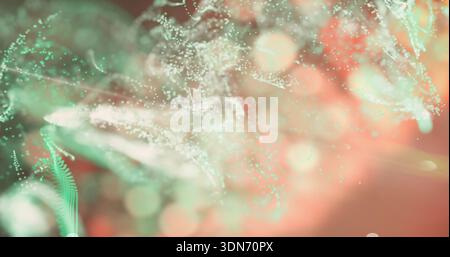 Floating teal strand network drifting diagonally in abstract digital scene, with coral bokeh Stock Photo