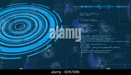 Displaying ringed blue HUD scanning left over grid with code text and waveform, copy space Stock Photo