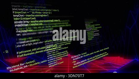 Floating code panel displaying colored code in cyberspace, with magenta grid and purple wireframes Stock Photo