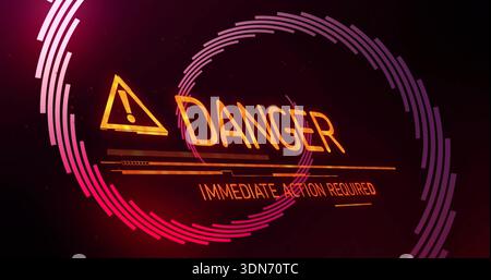 Displaying warning graphic with orange triangle, DANGER, IMMEDIATE ACTION REQUIRED subtitle on HUD Stock Photo