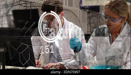 Pipetting woman scientist in lab coat holding micropipette over blue tubes, man typing at PC, HUD Stock Photo