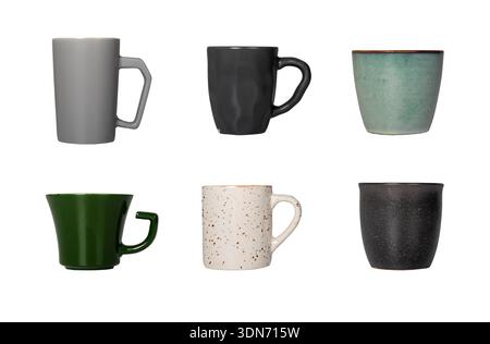 Set of ceramic cups and mugs with different shapes, colors, and surface textures, set. Drinkware suitable for kitchenware, coffee, tea, and product de Stock Photo