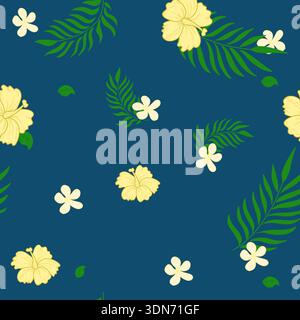 Tropical flowers and palm leaves, seamless pattern. Vector illustration. Jungle and yellow gypiscus and jasmine flowers, on a blue background. Stock Vector