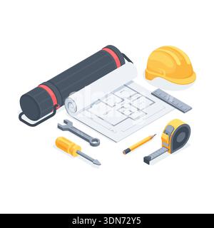 Isometric vector construction helmet next to a blueprint and tools, in color on a white background, construction engineering or builder's day Stock Vector