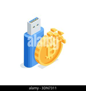 An isometric vector flash drive and bitcoin collected from particles, in color on a white background, digital cryptocurrency or storage Stock Vector