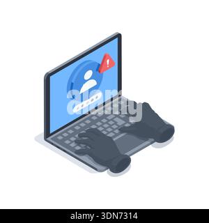 Isometric vector hacker's hands in black gloves hacking a laptop, in color on a white background, identity theft or system hacking Stock Vector