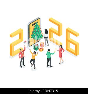 Isometric vector smartphone with a Christmas tree on the screen and the numbers 2026 with celebrating people and gifts, in color on a white background Stock Vector
