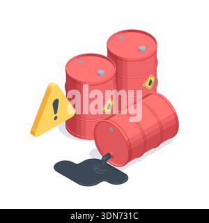 Isometric vector red iron barrels with oil and exclamation mark, in color on a white background, caution warning about the danger of environmental pol Stock Vector