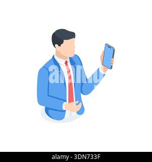 Isometric vector business man with smartphone, in color on white background, making calls or unlocking by face Stock Vector