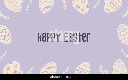 Pastel hand-drawn Easter banner with whimsical eggs, botanical doodles and Happy Easter lettering. Social media or website header template, party Stock Vector