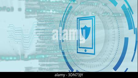 Displaying phone with shield emblem inside HUD rings in digital studio, showing code streams, nodes Stock Photo